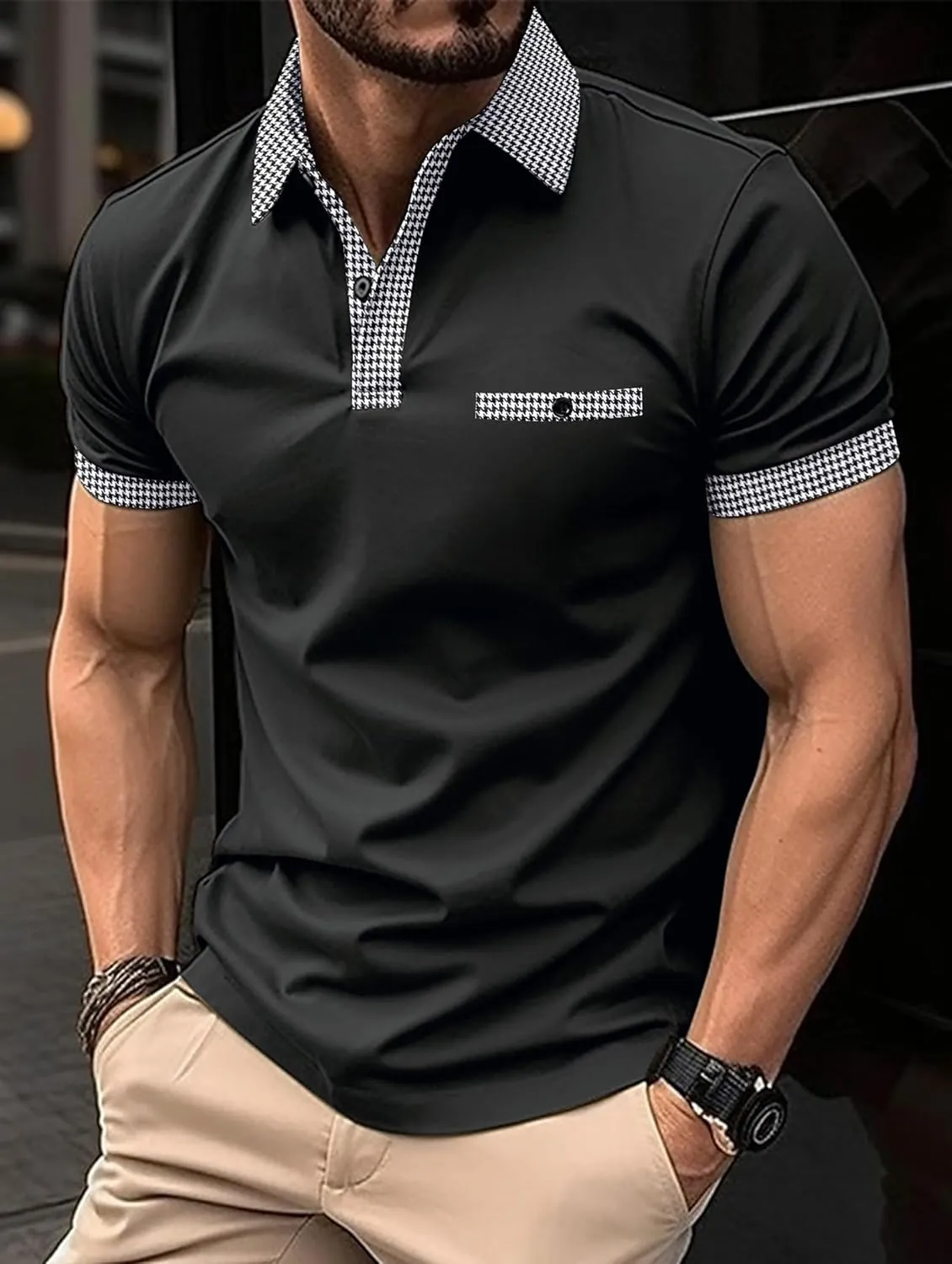 Mens Classic Polo Shirt Casual Short Sleeve Plaid Splice T-Shirts Regular-Fit Business&Golf Polo Shirts