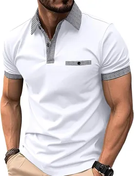 Mens Classic Polo Shirt Casual Short Sleeve Plaid Splice T-Shirts Regular-Fit Business&Golf Polo Shirts