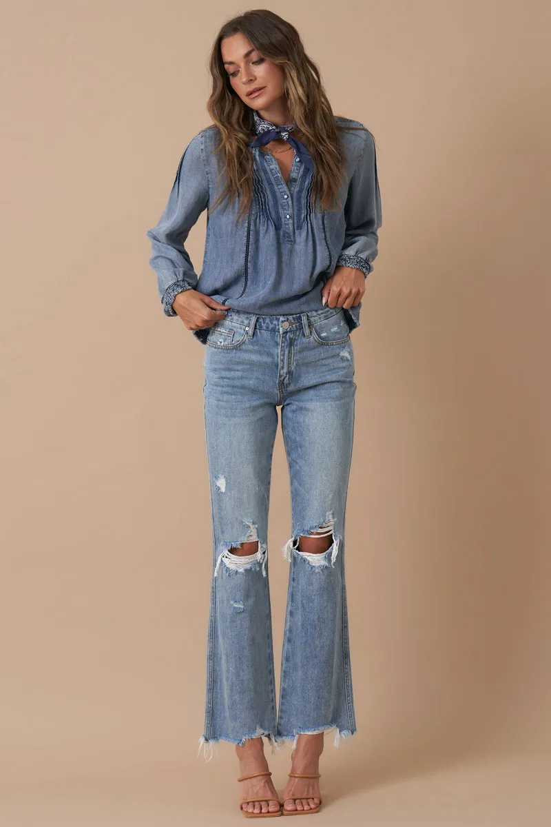 Mid Rise Crop Flare Denim