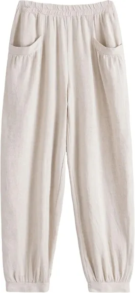Minibee Women's Cotton Linen Tapered Cropped Pants Elastic Waist Trousers