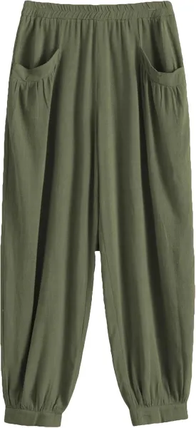 Minibee Women's Cotton Linen Tapered Cropped Pants Elastic Waist Trousers