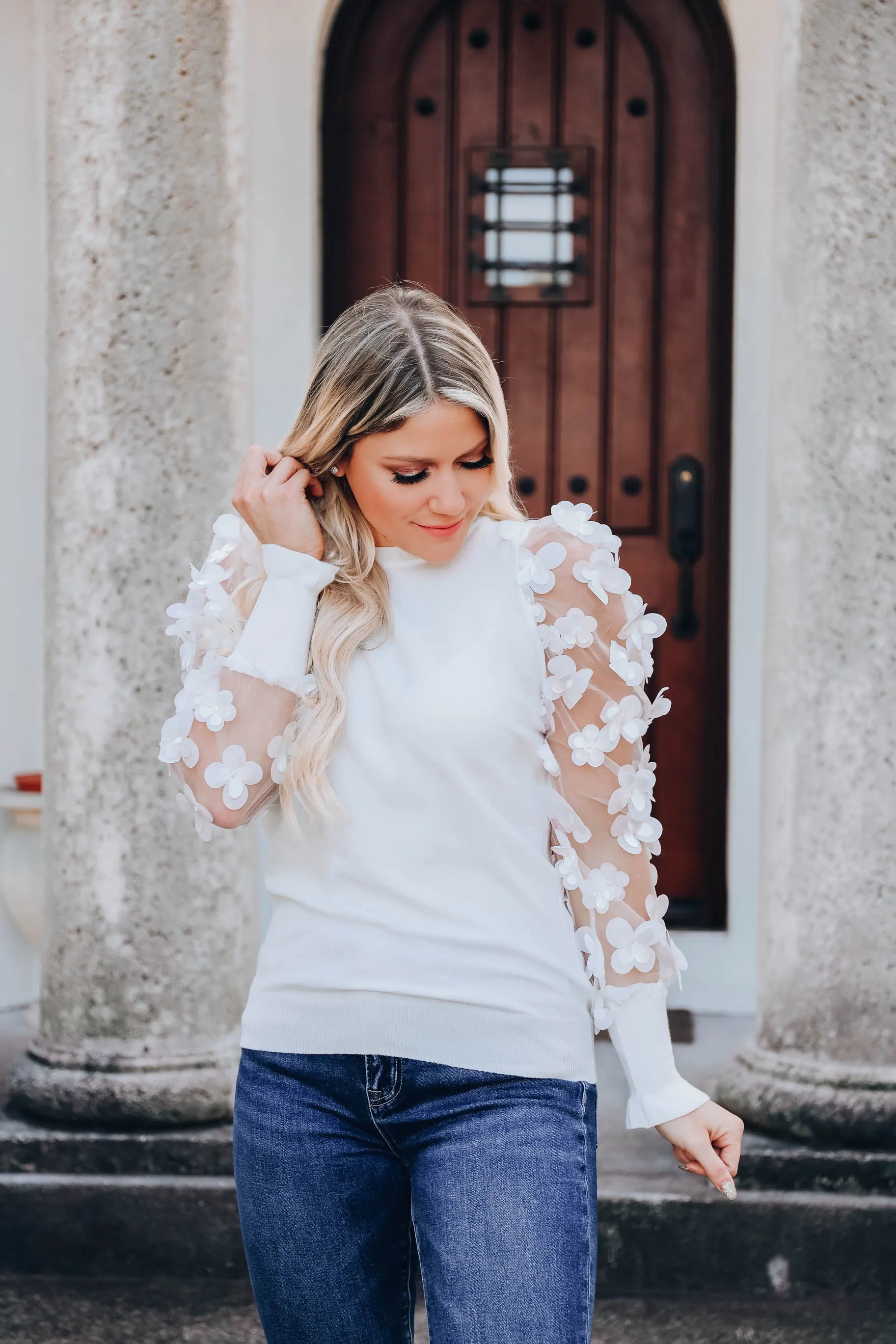Monarch Garden Sheer Sleeve Top - White