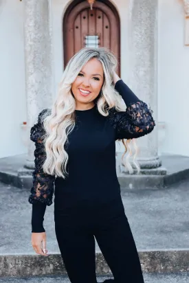 Organza Sheer Ruffle Sleeve Top - Black
