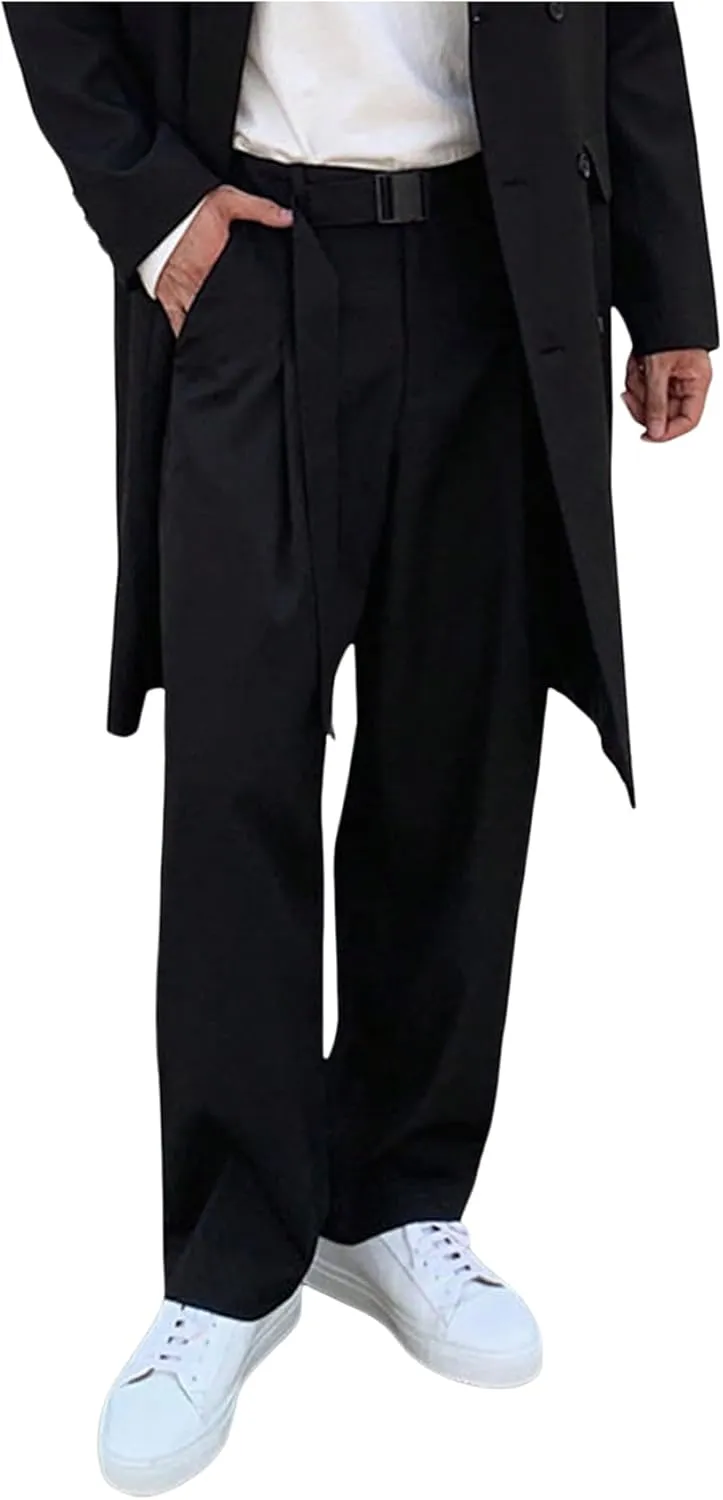 OYOANGLE Men's Pleated Trousers Straight Leg Business Work Office Casual Dress Pants Pockets Long Slacks
