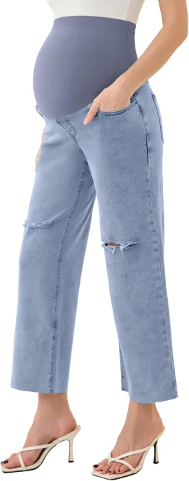 PACBREEZE Women's Maternity Cropped Jeans Distressed Straight-Leg Denim Stretchy Pregnancy Pants-26'', S-XXL