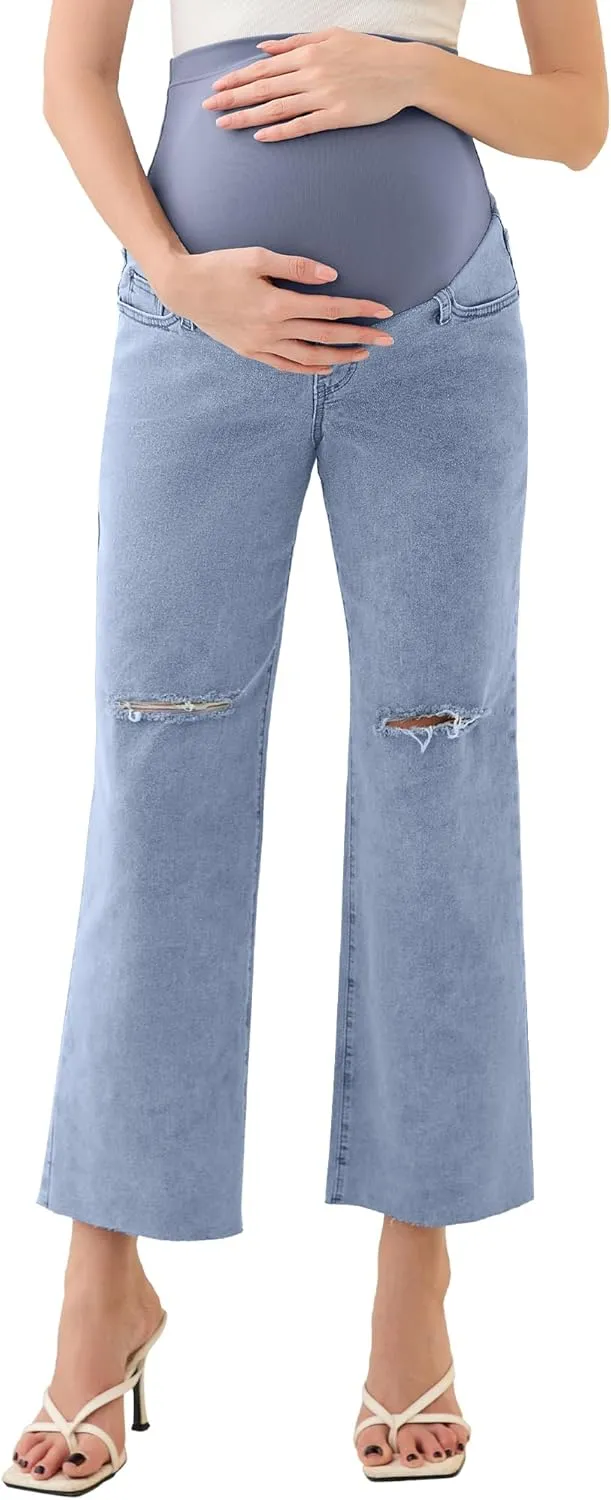 PACBREEZE Women's Maternity Cropped Jeans Distressed Straight-Leg Denim Stretchy Pregnancy Pants-26'', S-XXL