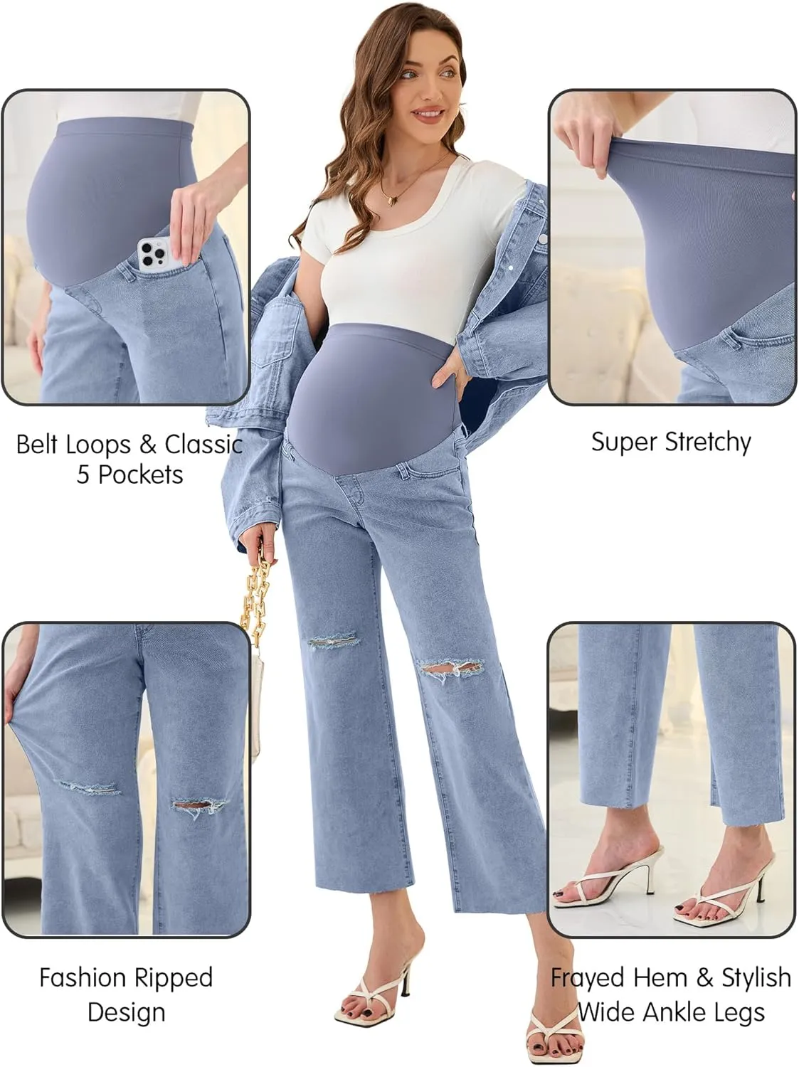 PACBREEZE Women's Maternity Cropped Jeans Distressed Straight-Leg Denim Stretchy Pregnancy Pants-26'', S-XXL