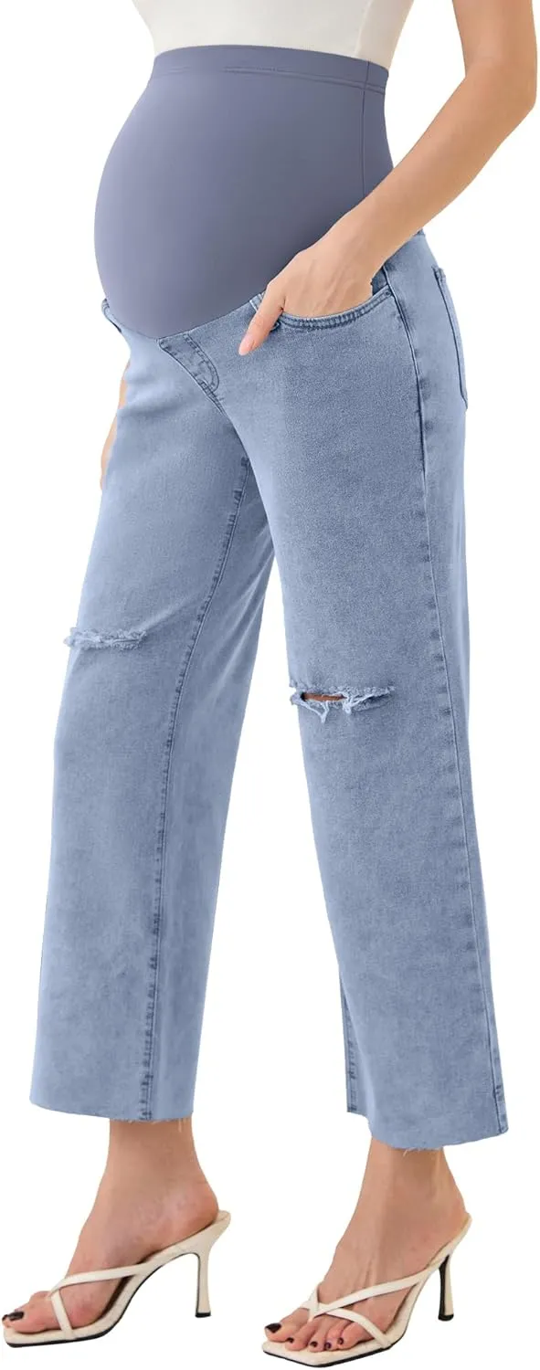PACBREEZE Women's Maternity Cropped Jeans Distressed Straight-Leg Denim Stretchy Pregnancy Pants-26'', S-XXL
