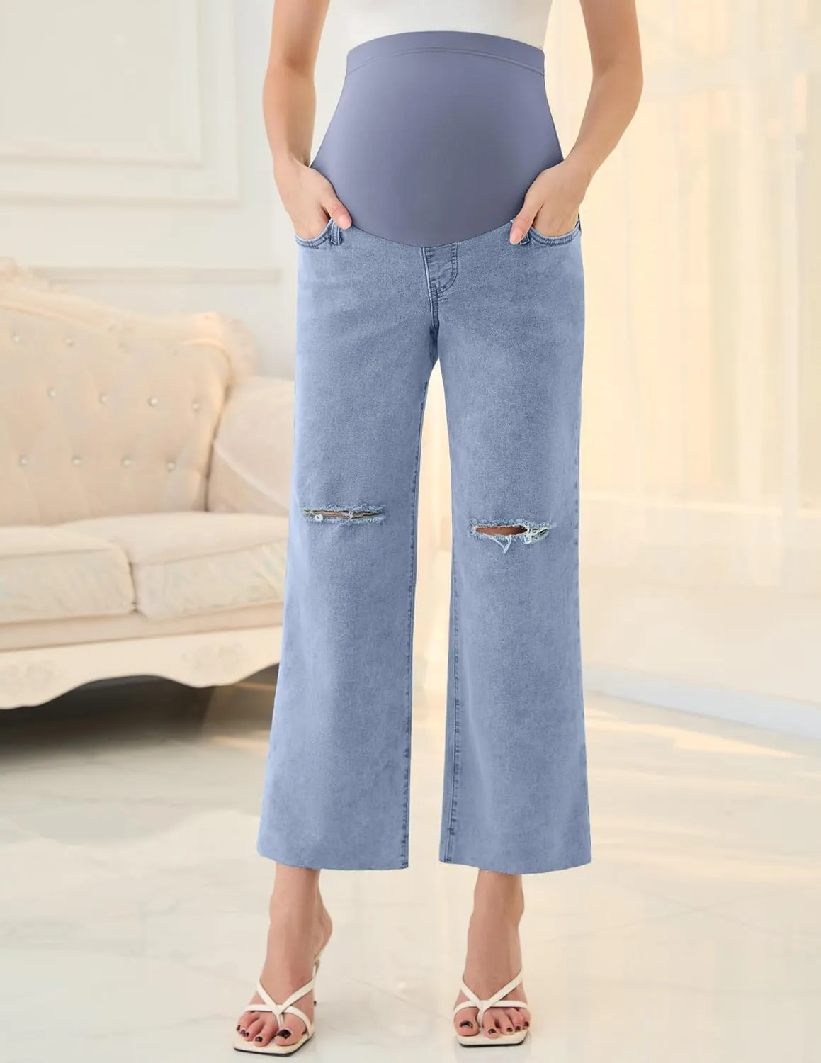 PACBREEZE Women's Maternity Cropped Jeans Distressed Straight-Leg Denim Stretchy Pregnancy Pants-26'', S-XXL
