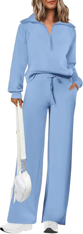 PRETTYGARDEN Women's 2 Piece Outfits Casual Lapel Half Zip Sweatshirts And Wide Leg Pants Tracksuit Sets