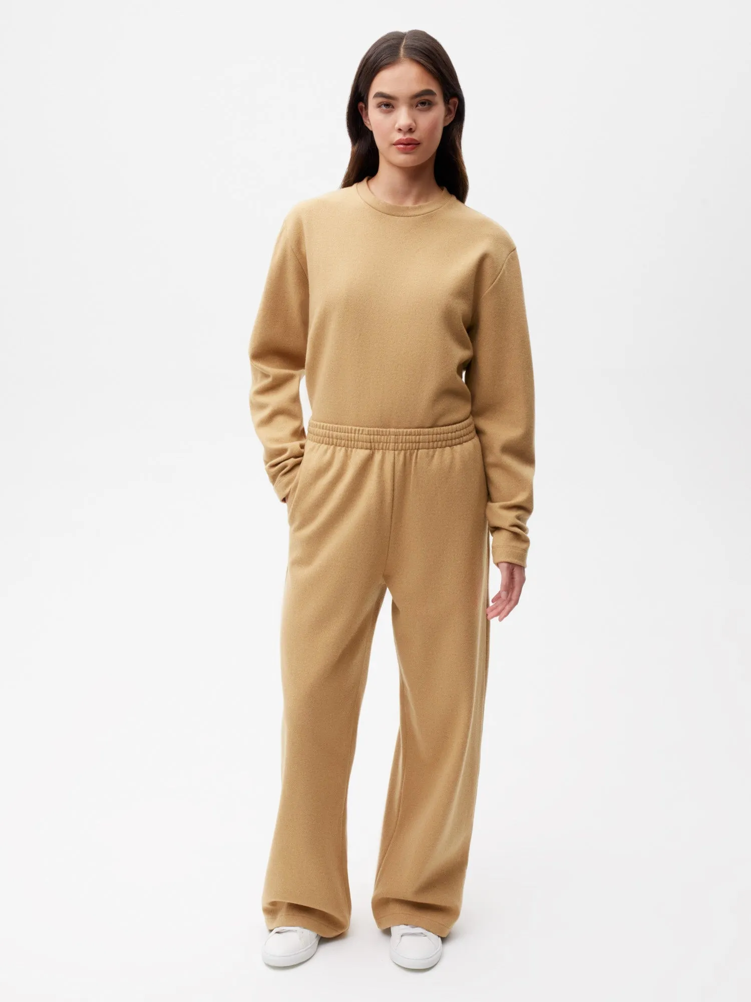 Recycled Wool Jersey Loose Leg Track Pants—camel