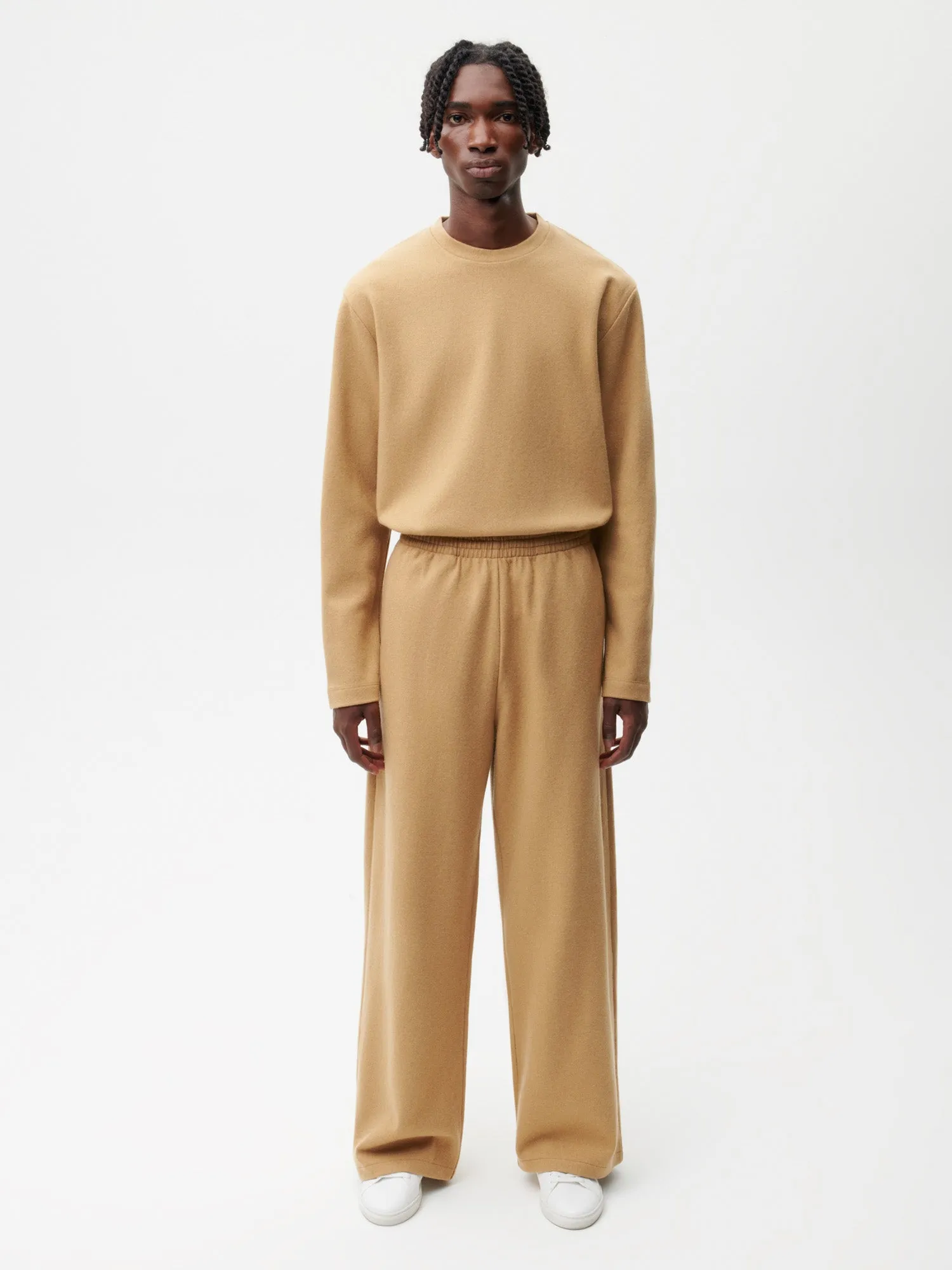 Recycled Wool Jersey Loose Leg Track Pants—camel