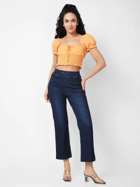 Spykar High Rise Wide Leg Blue Knits Pant For Women