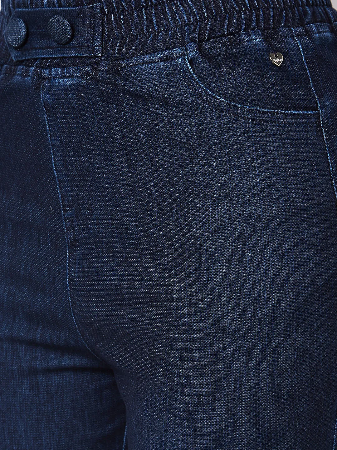 Spykar High Rise Wide Leg Blue Knits Pant For Women