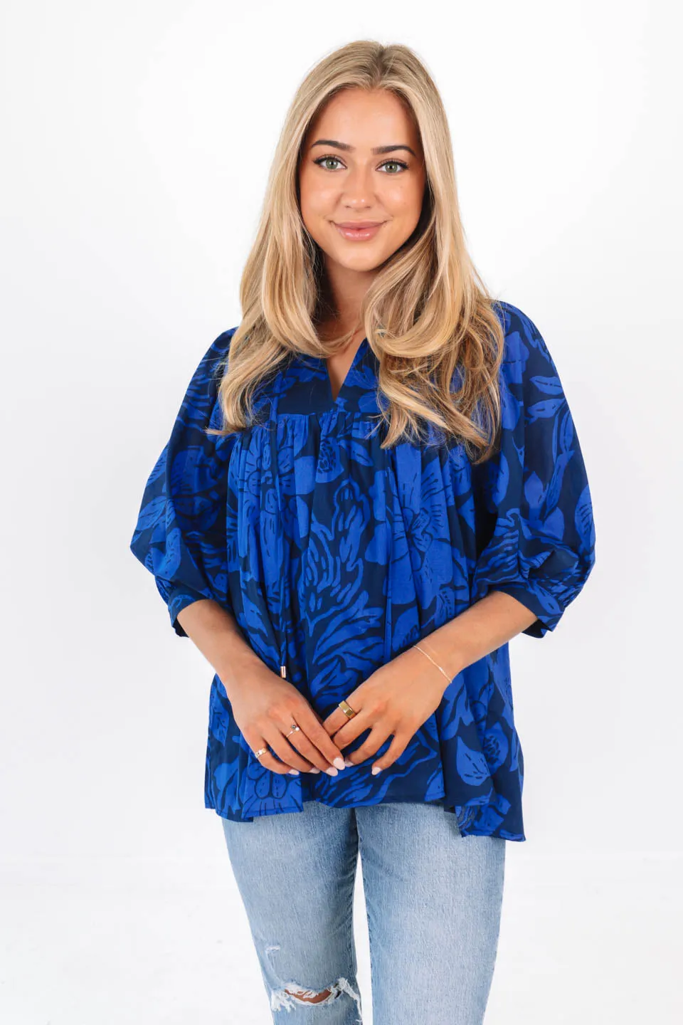 The Stevie Puff Sleeve Tunic - Navy/Blue