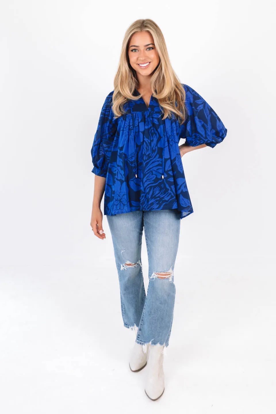 The Stevie Puff Sleeve Tunic - Navy/Blue