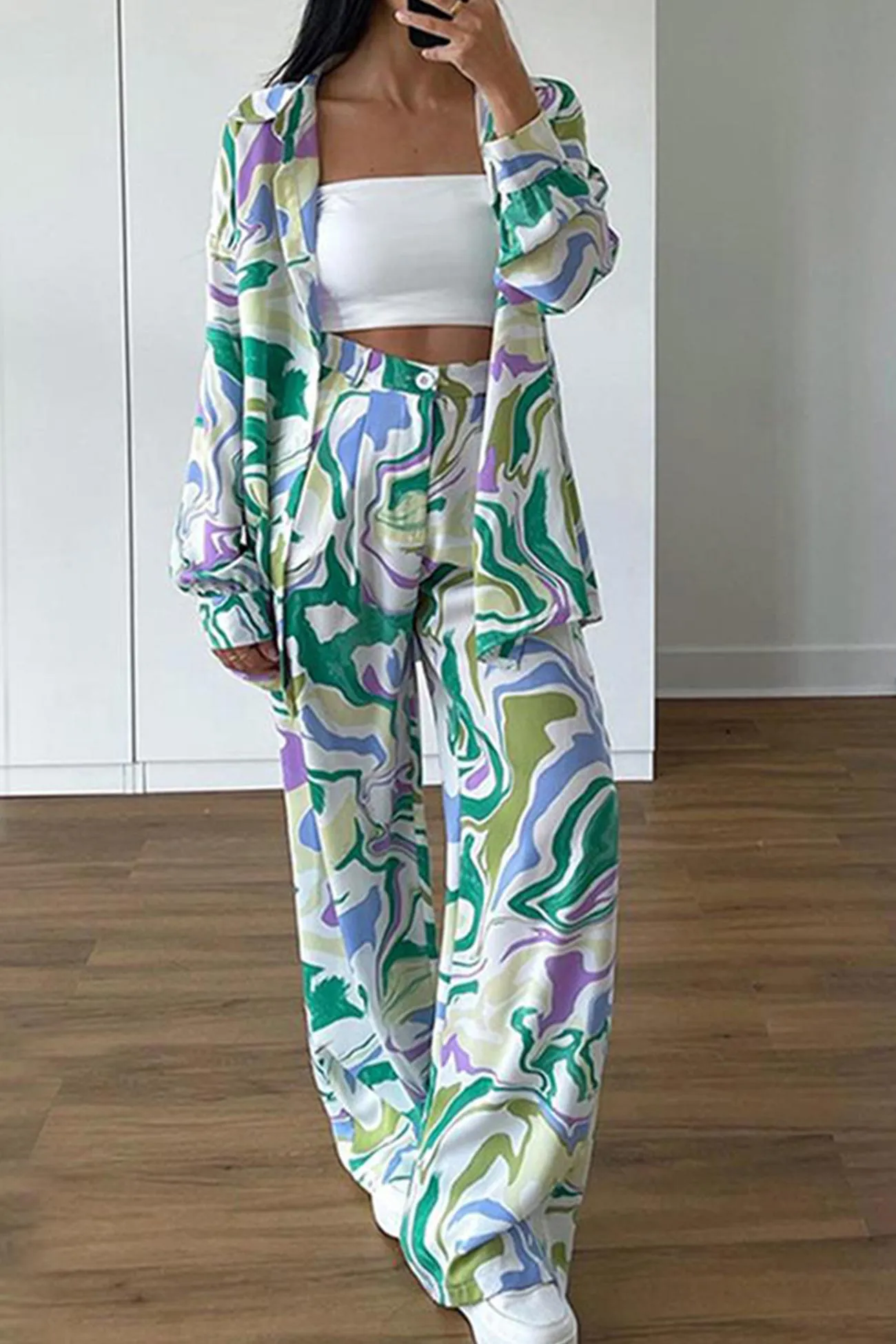 Tie-Dyed Printed Shirt Long Pants Set