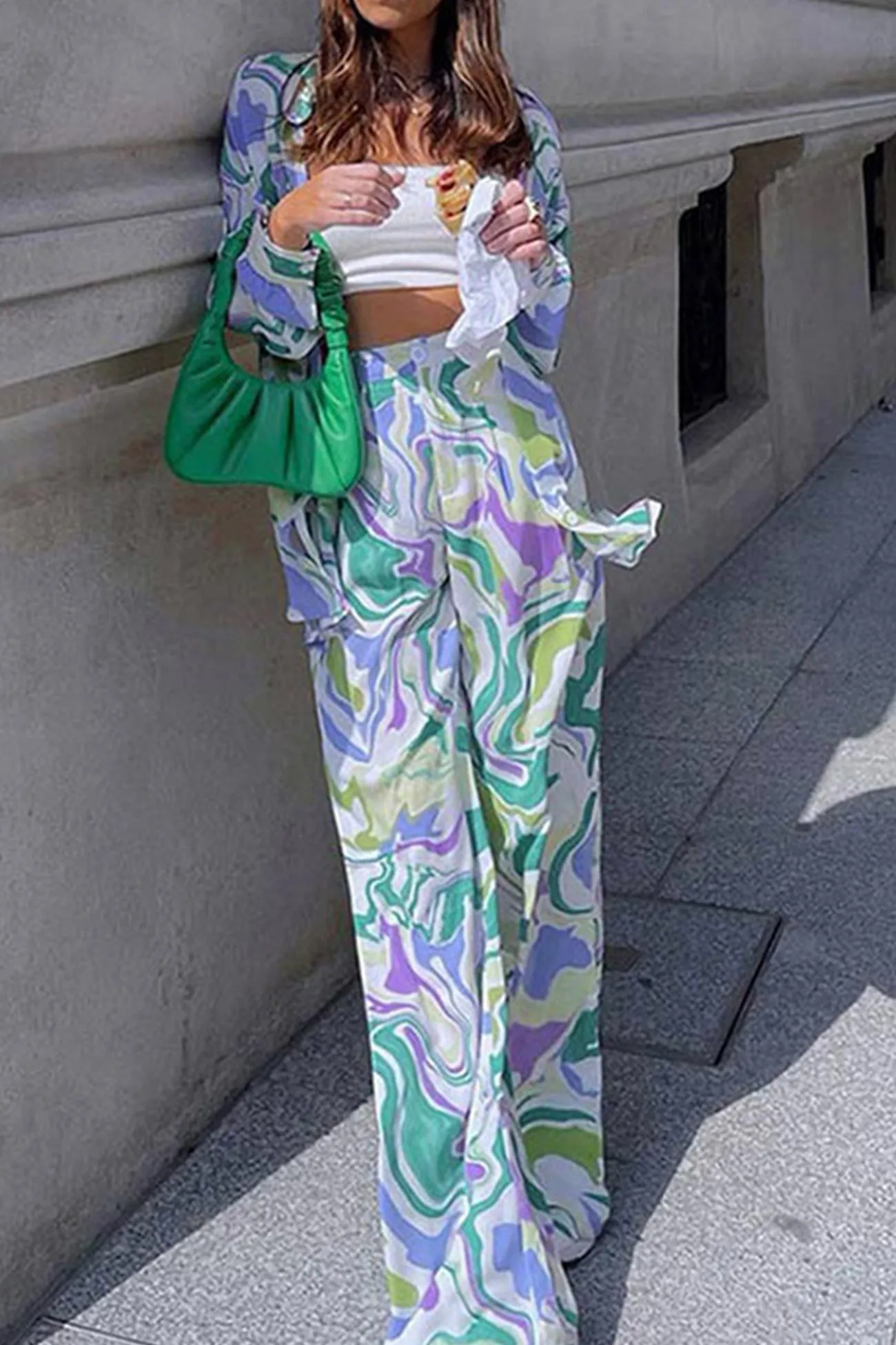 Tie-Dyed Printed Shirt Long Pants Set