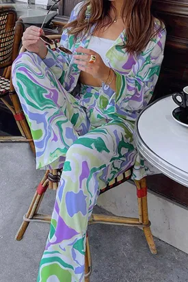Tie-Dyed Printed Shirt Long Pants Set