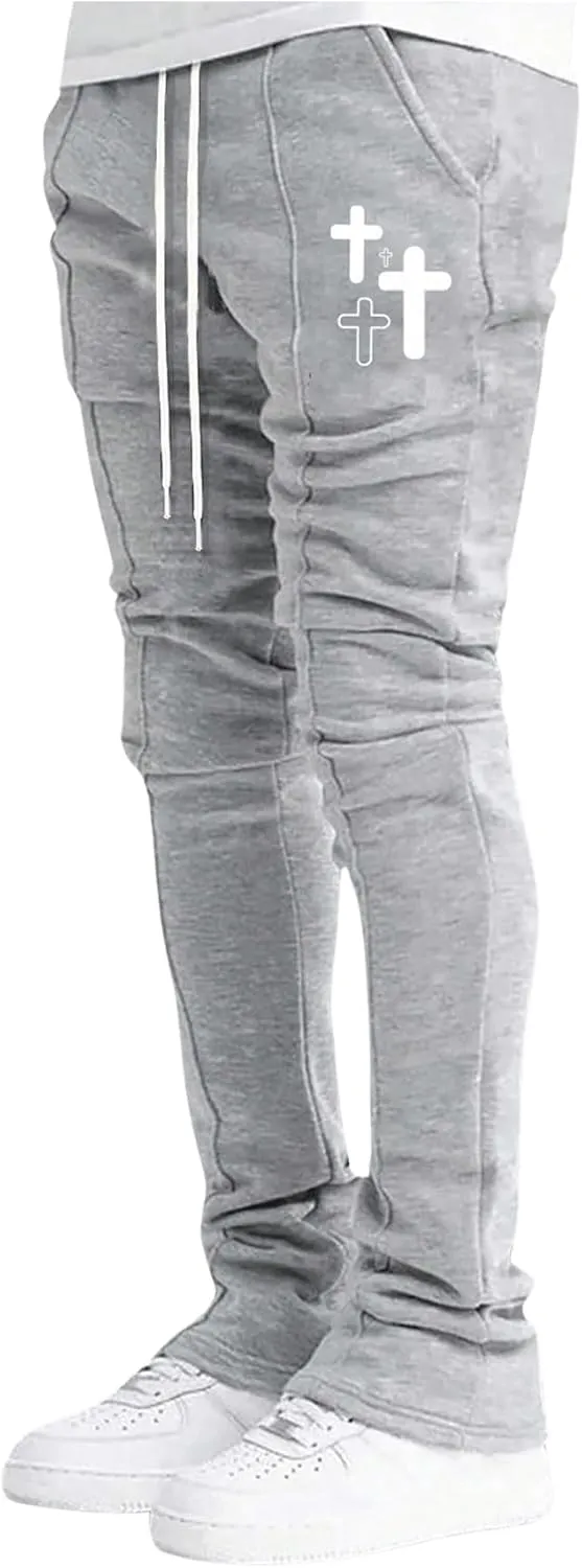 WDIRARA Men's Graphic Printed Stacked Sweatpants Flared Leg Y2K Drawstring Waisted Casual Jogger Pants with Pockets