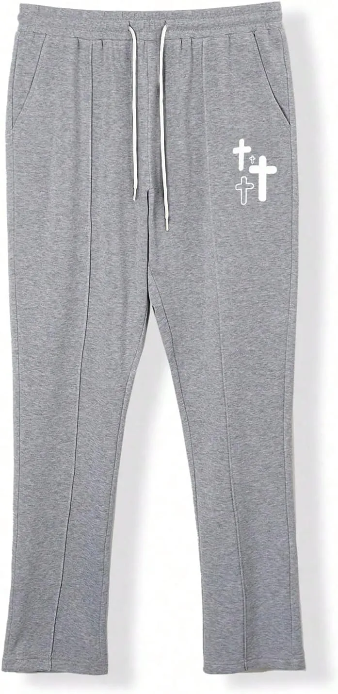 WDIRARA Men's Graphic Printed Stacked Sweatpants Flared Leg Y2K Drawstring Waisted Casual Jogger Pants with Pockets