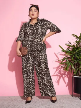 Women Beige Animal Print Shirt With Straight Pants
