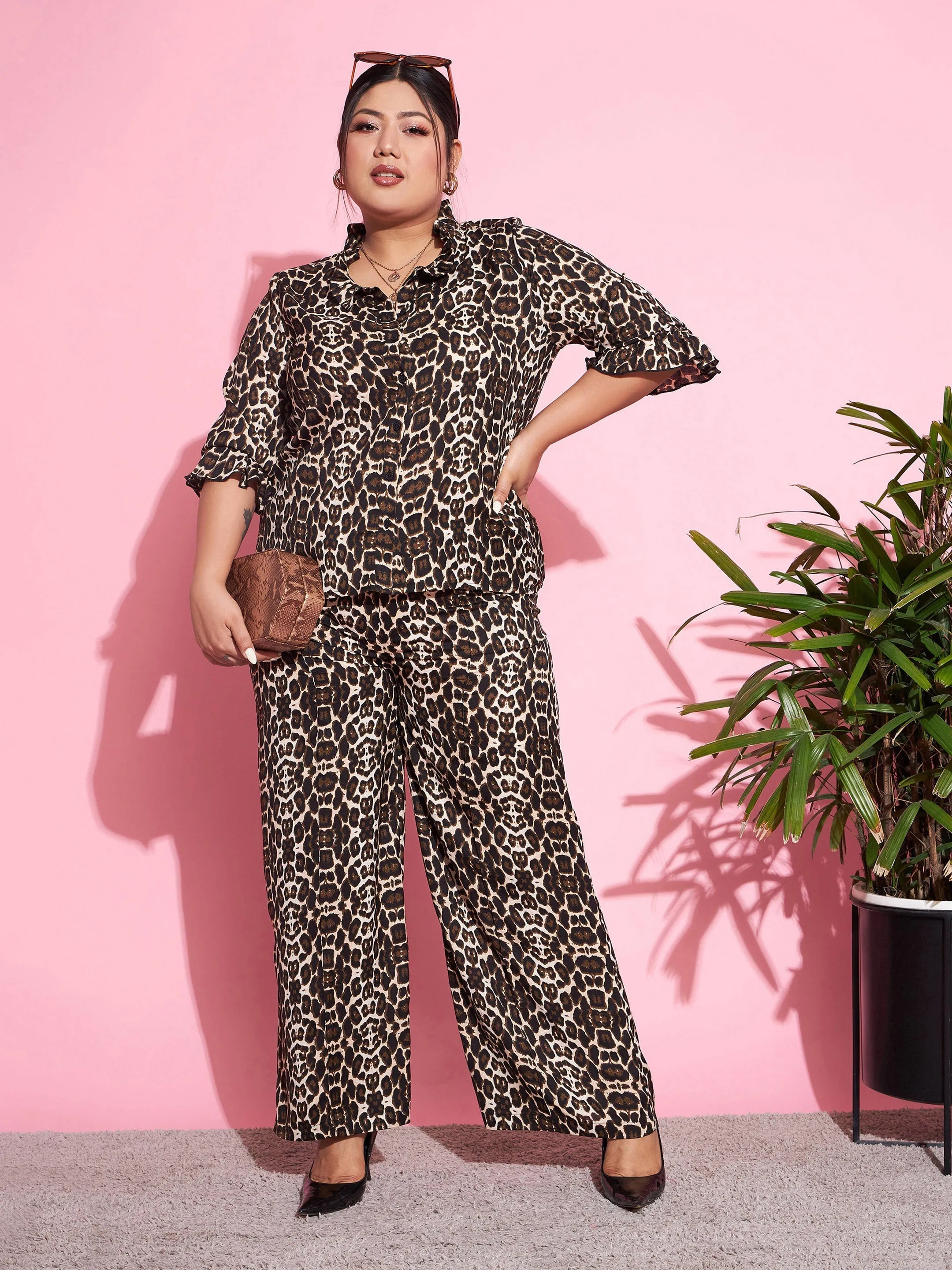 Women Beige Animal Print Shirt With Straight Pants