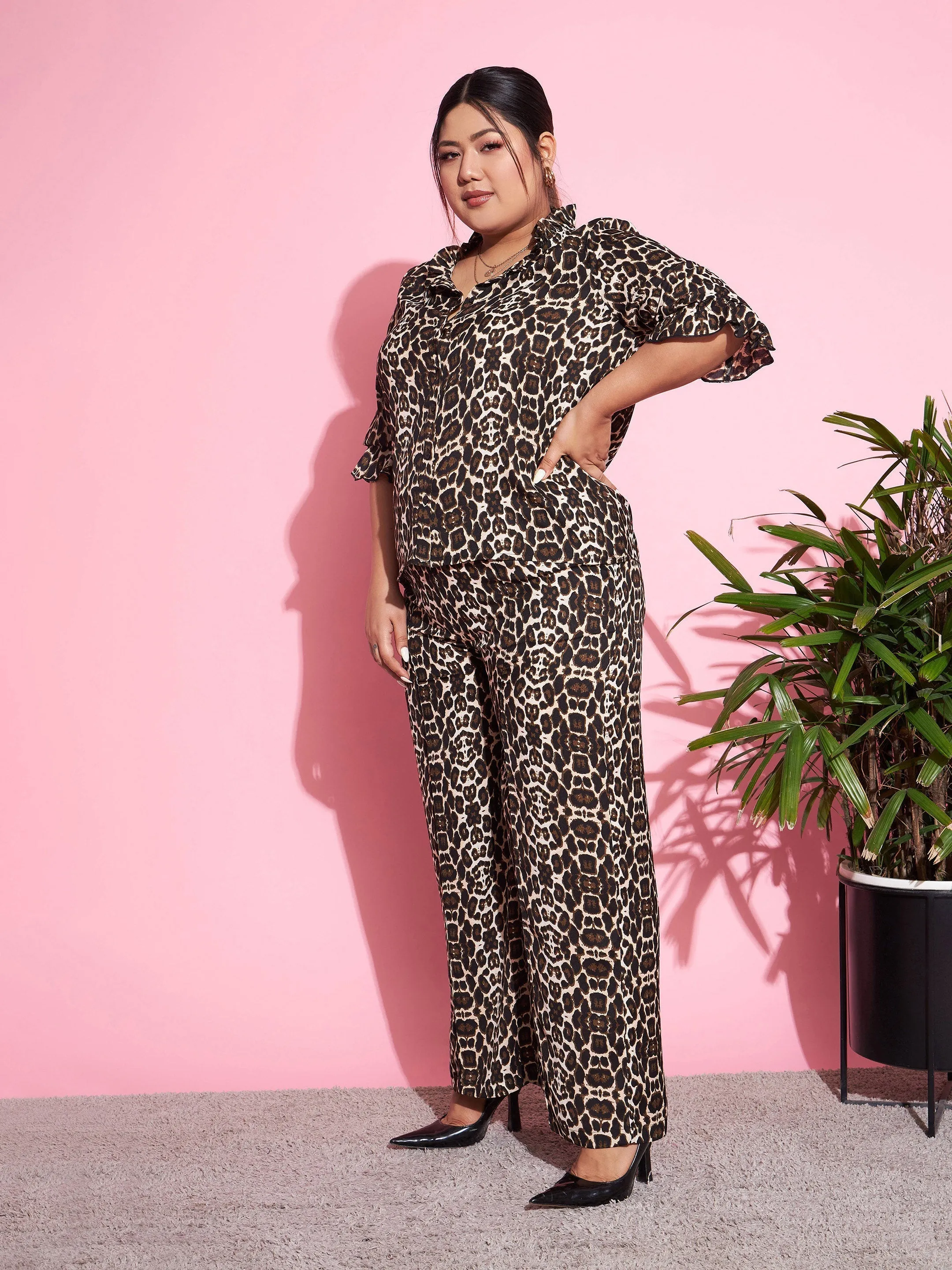Women Beige Animal Print Shirt With Straight Pants
