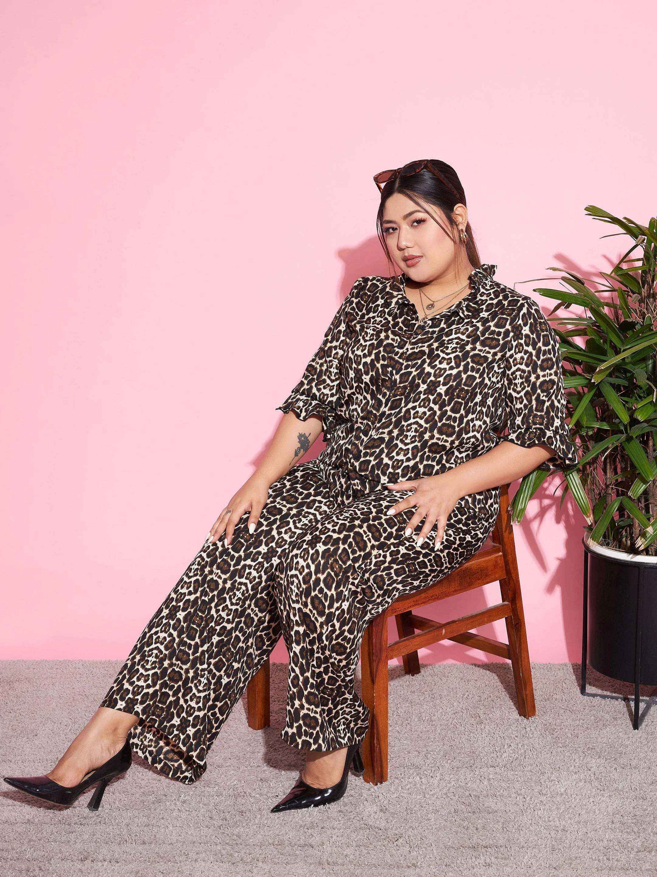Women Beige Animal Print Shirt With Straight Pants