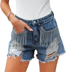 Women Mid Rise Ripped Stretchy Jeans Frayed Raw Hem Casual Tassels Denim Shorts