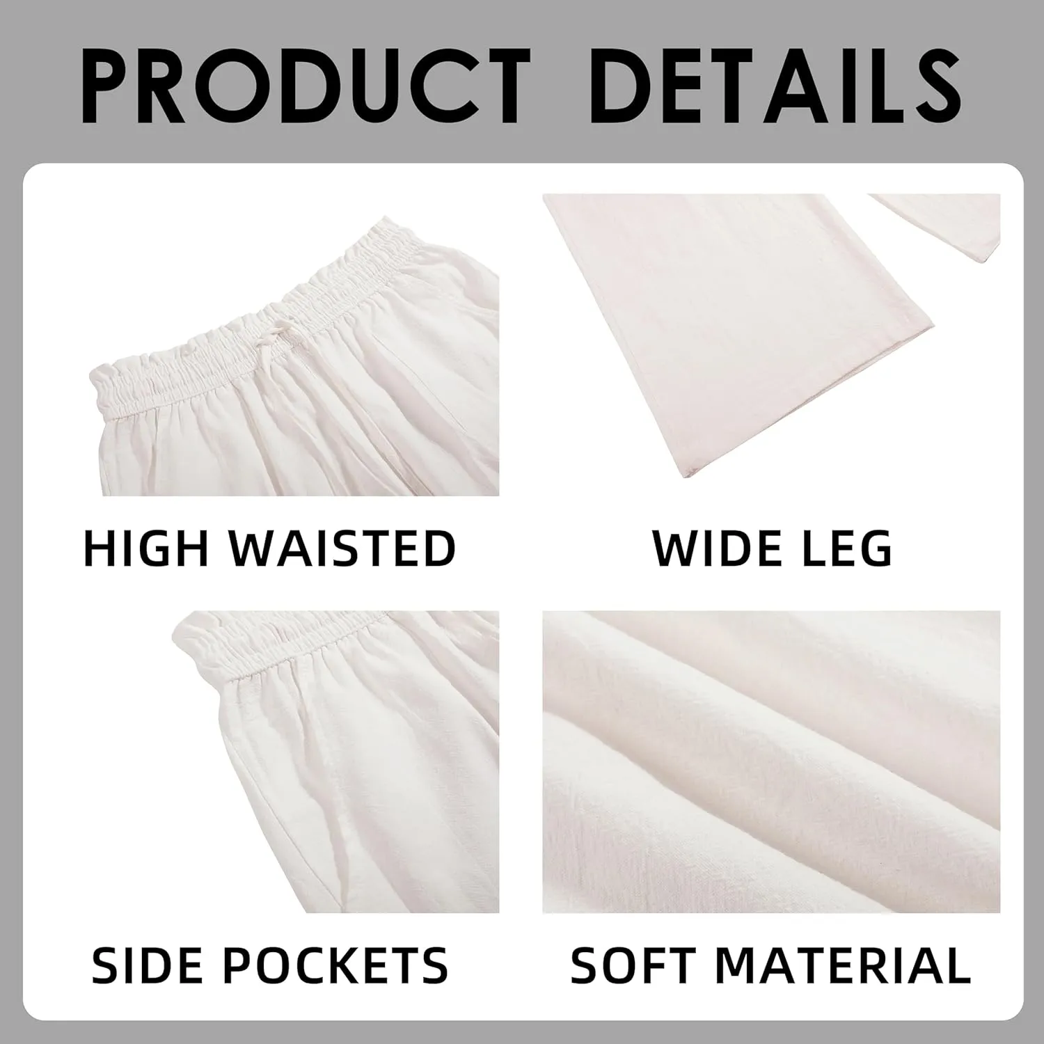 Womens Casual Linen Pants Wide Leg High Elastic Waisted Drawstring Summer Pants with Pockets
