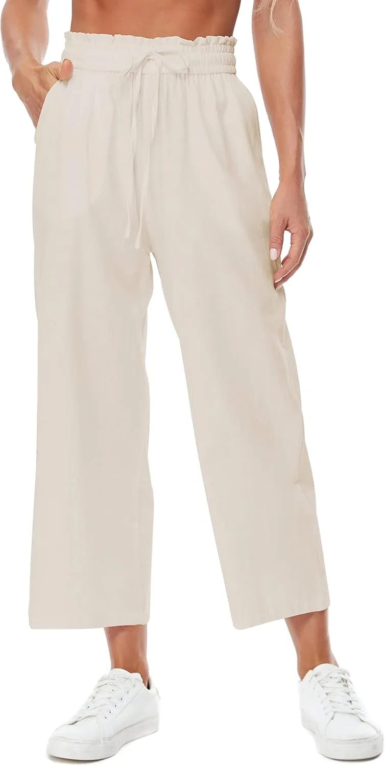 Womens Casual Linen Pants Wide Leg High Elastic Waisted Drawstring Summer Pants with Pockets