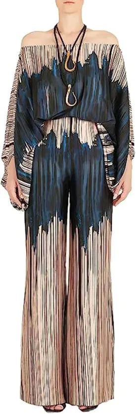 Womens Fall Loose 2 Piece Outfits Off Shoulder Printed Long Sleeve Casual Going Out Wide Leg Pants Set