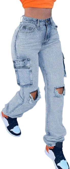 Women's High Waisted Ripped Boyfriend Cargo Jeans Distressed Denim Pants with Flap Pockets