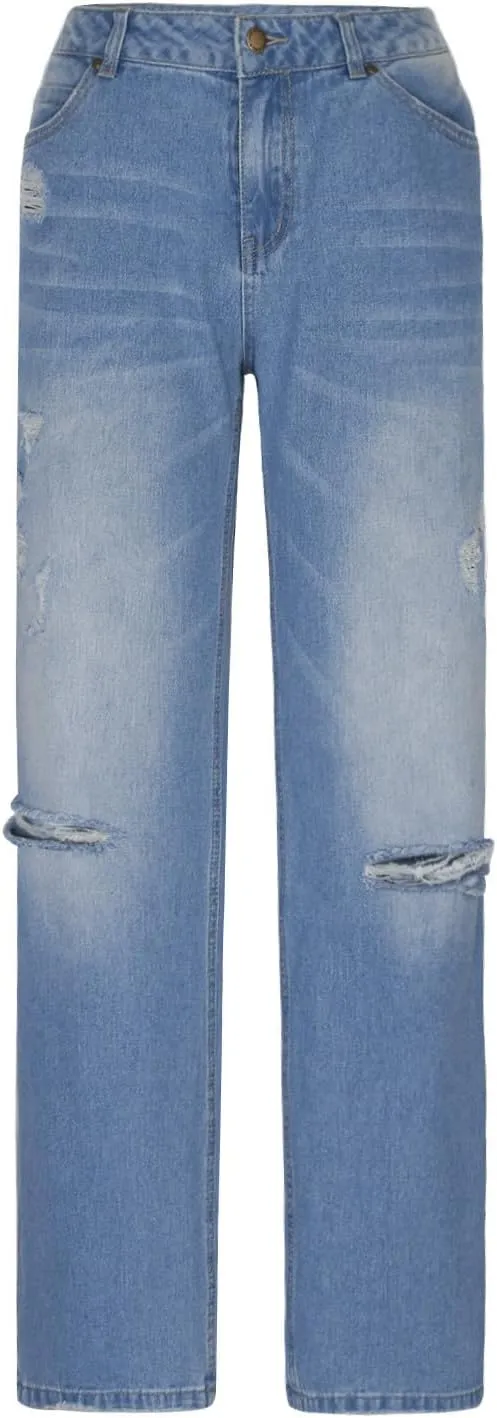 Women's Straight Leg Jeans Button Down Low Rise Ripped Jeans Plus Size Boyfriend Distressed Denim Pants with Pocket