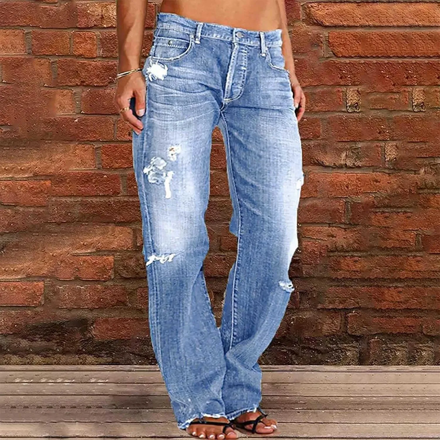Women's Straight Leg Jeans Button Down Low Rise Ripped Jeans Plus Size Boyfriend Distressed Denim Pants with Pocket
