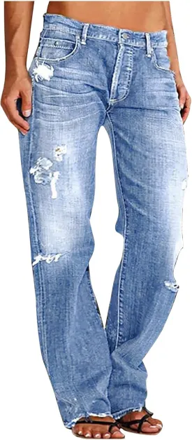Women's Straight Leg Jeans Button Down Low Rise Ripped Jeans Plus Size Boyfriend Distressed Denim Pants with Pocket