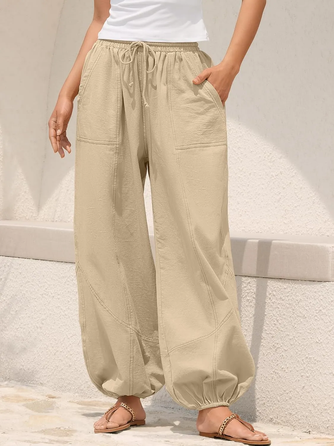 ZAFUL Women Casual Linen Pants Lightweight Drawstring Elastic Waist Lounge Beach Summer Pants with Pockets