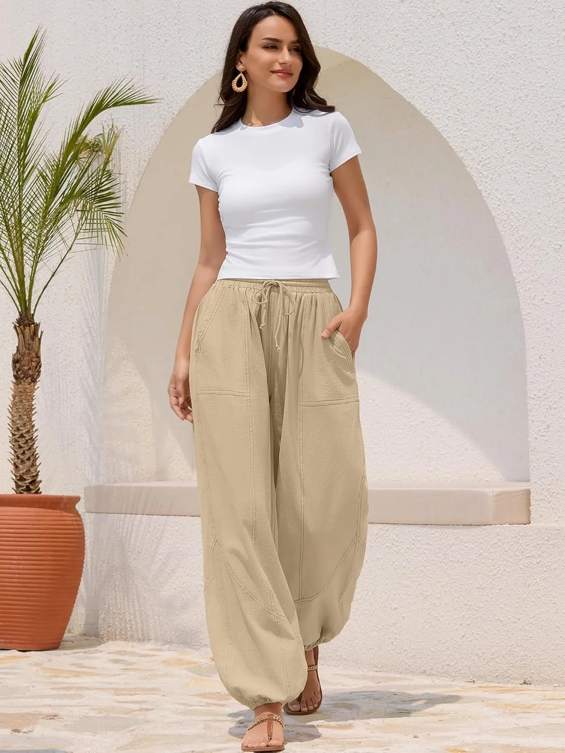 ZAFUL Women Casual Linen Pants Lightweight Drawstring Elastic Waist Lounge Beach Summer Pants with Pockets
