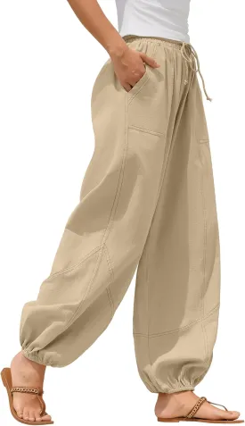 ZAFUL Women Casual Linen Pants Lightweight Drawstring Elastic Waist Lounge Beach Summer Pants with Pockets