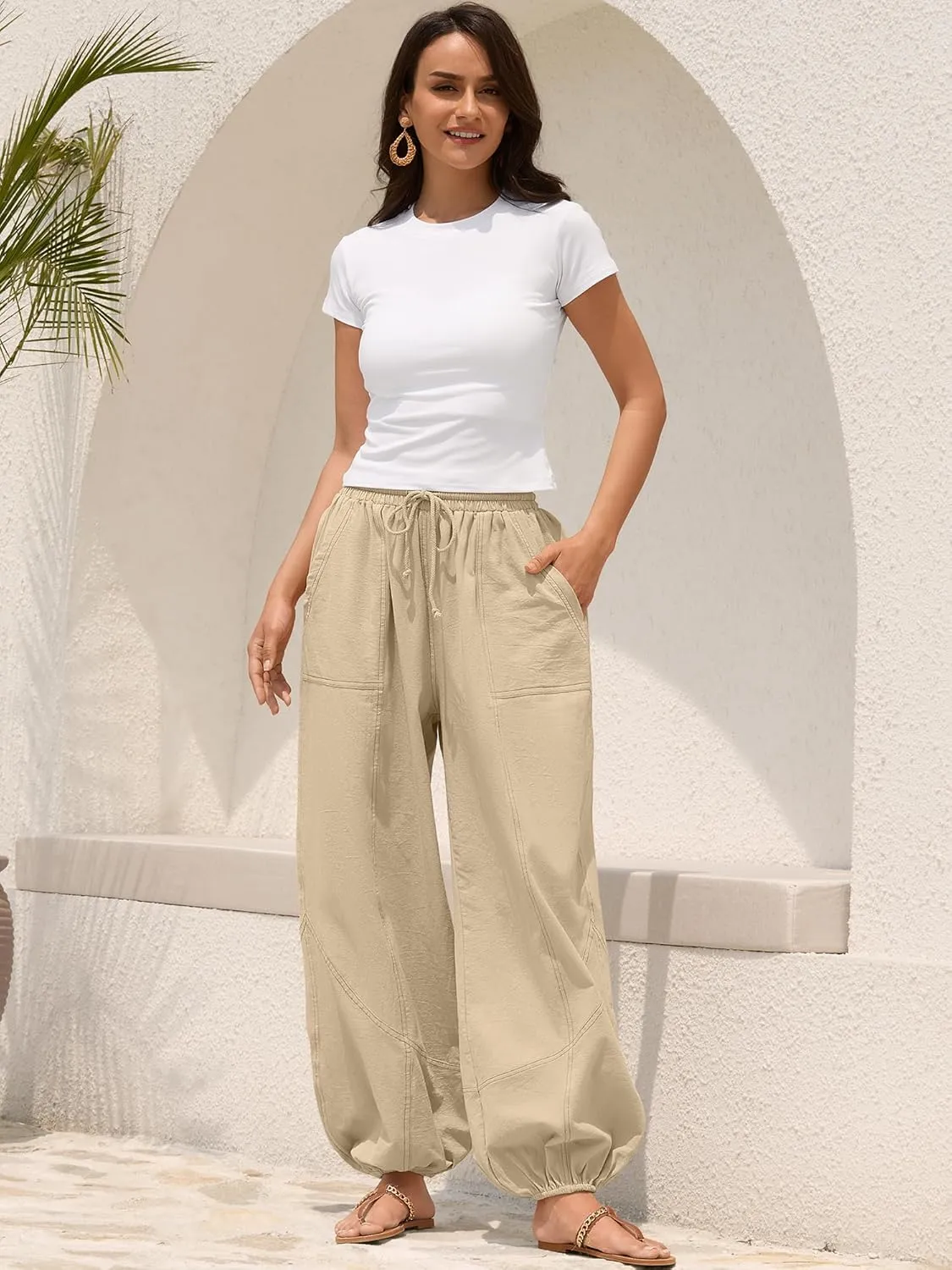ZAFUL Women Casual Linen Pants Lightweight Drawstring Elastic Waist Lounge Beach Summer Pants with Pockets