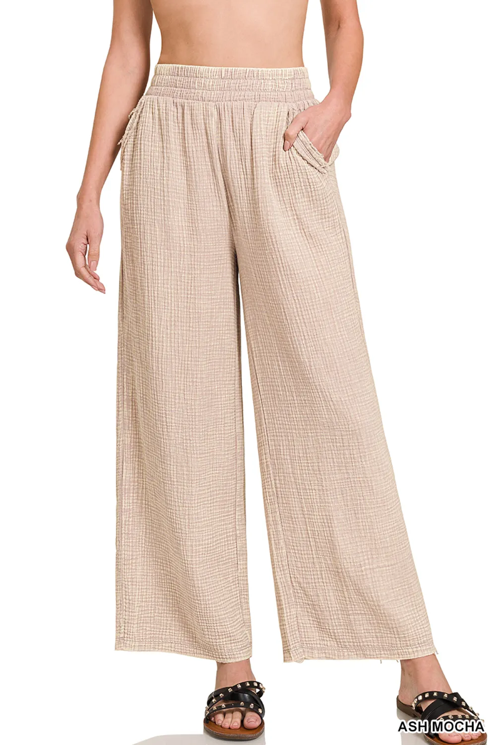 Zenana-Washed Double Gauze Elastic Band Waist Pants-Ash Mocha