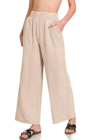 Zenana-Washed Double Gauze Elastic Band Waist Pants-Ash Mocha