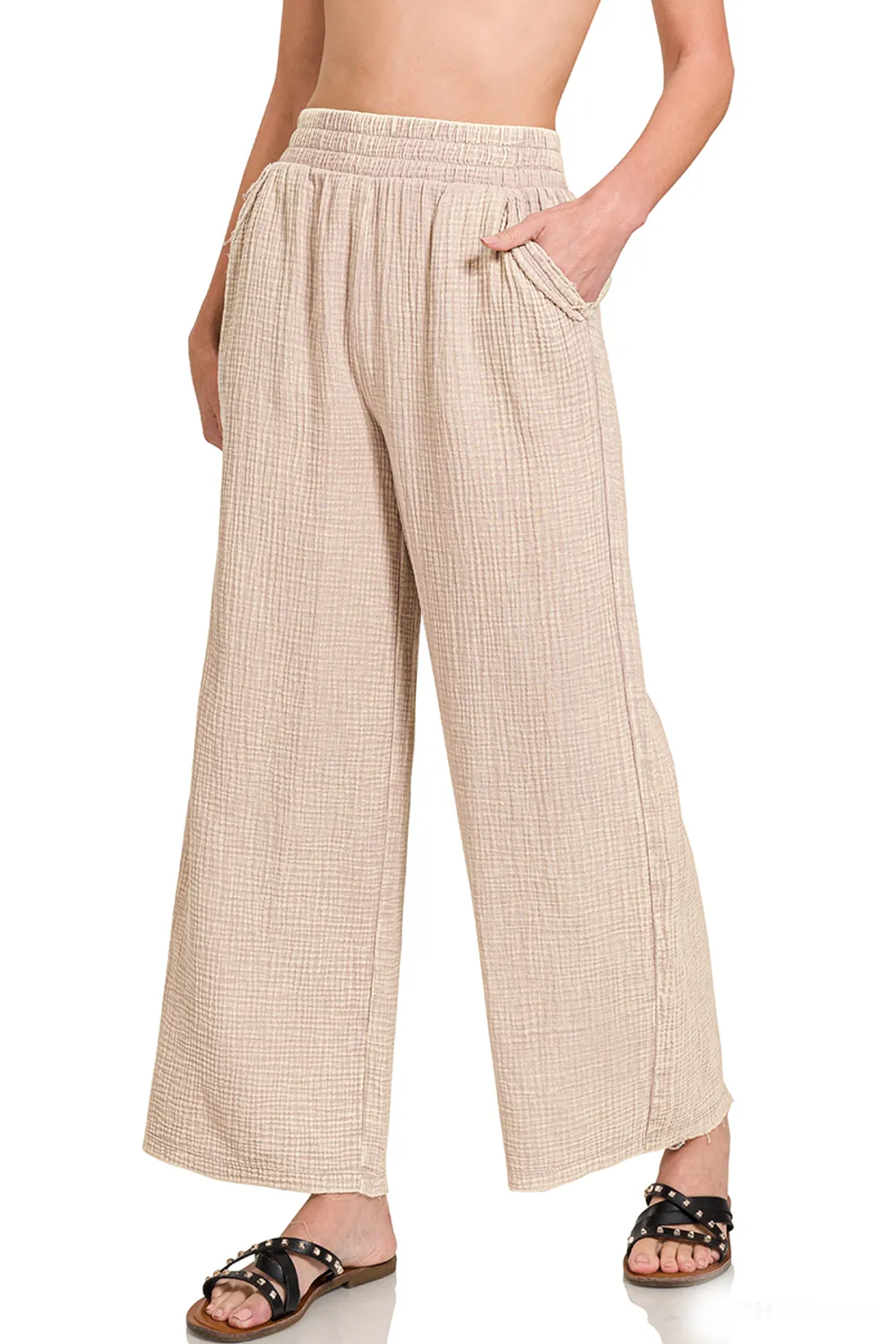 Zenana-Washed Double Gauze Elastic Band Waist Pants-Ash Mocha